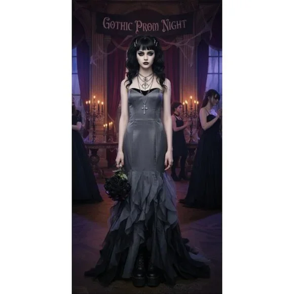 Luxury Whymisy Goth Rocker Glam Festival Mermaid Ruffle Long Gown Gray Womens S - Picture 4 of 14